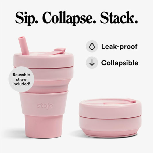 Pocket Stojo Collapsible Travel Cup With Straw - Carnation Pink, 16oz / 470ml - Reusable