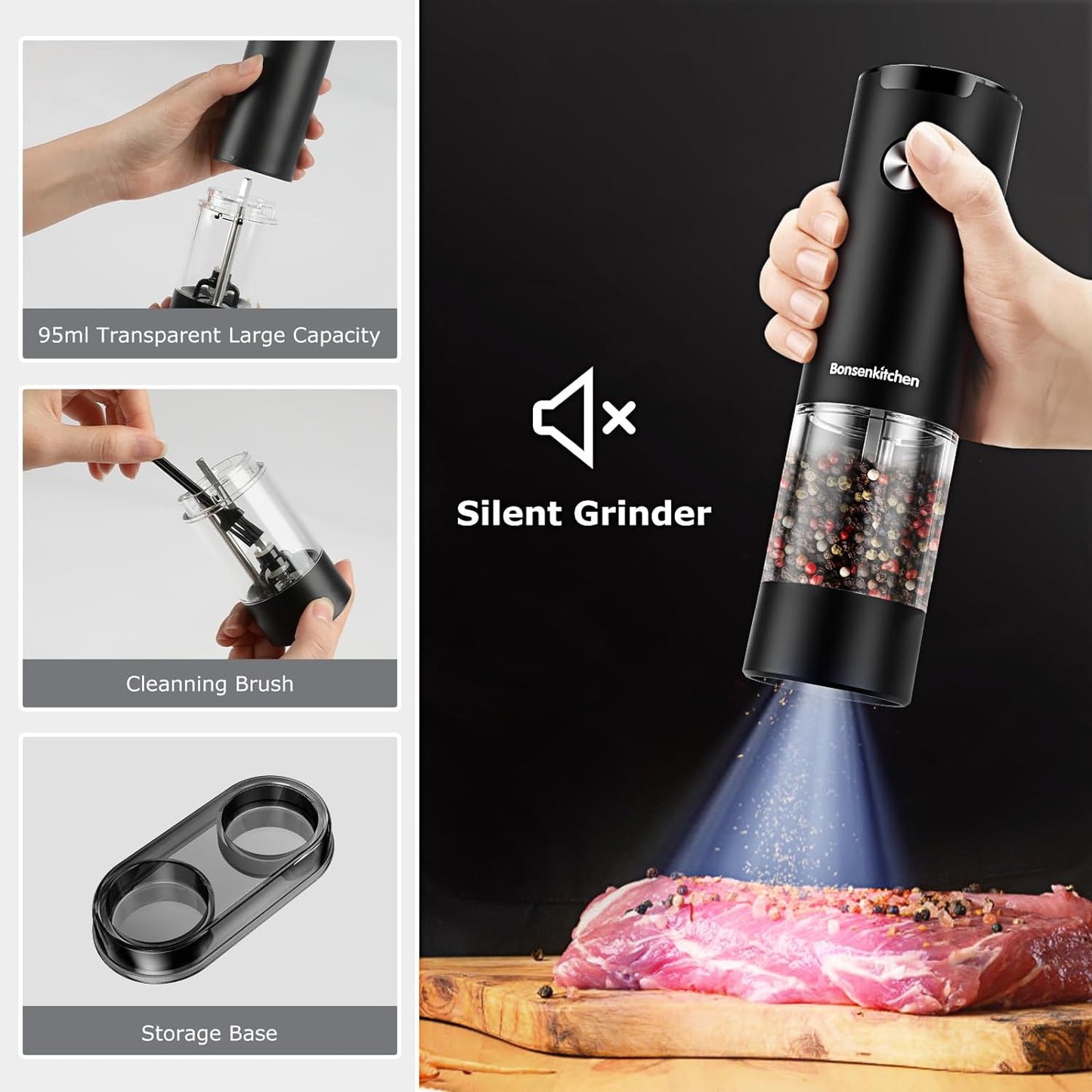 Electric Salt and Pepper Grinder Set, 2 Pack Automatic With LED lights