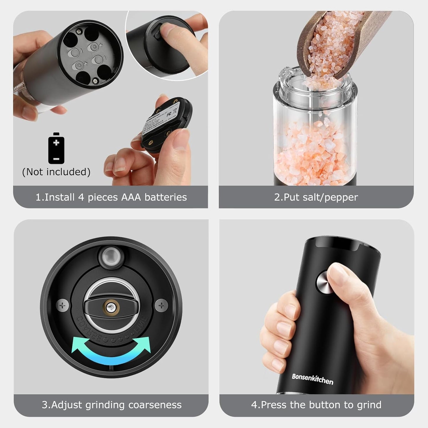 Electric Salt and Pepper Grinder Set, 2 Pack Automatic With LED lights