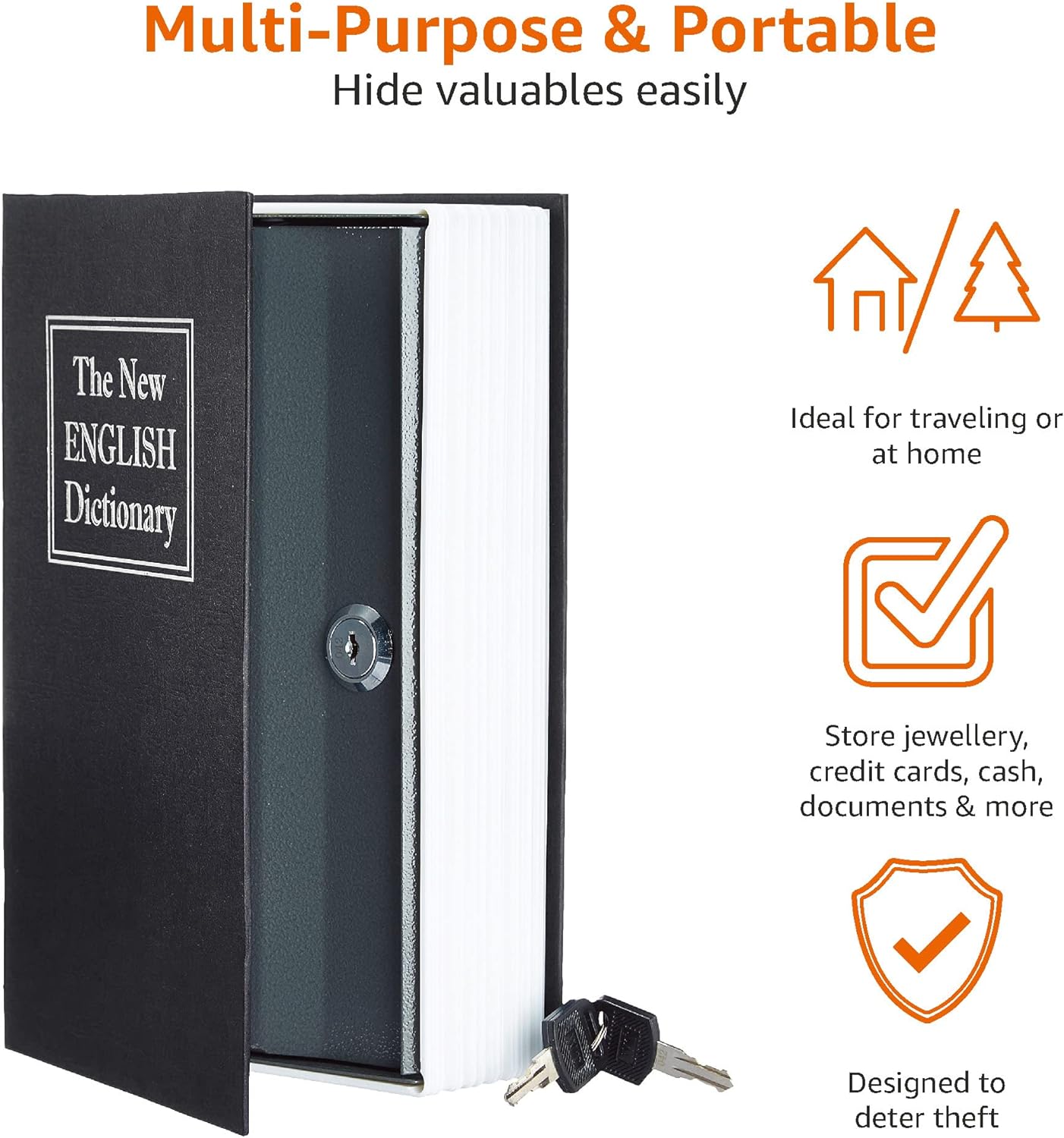 Book Safe- Key Lock, Large, Black, Blue